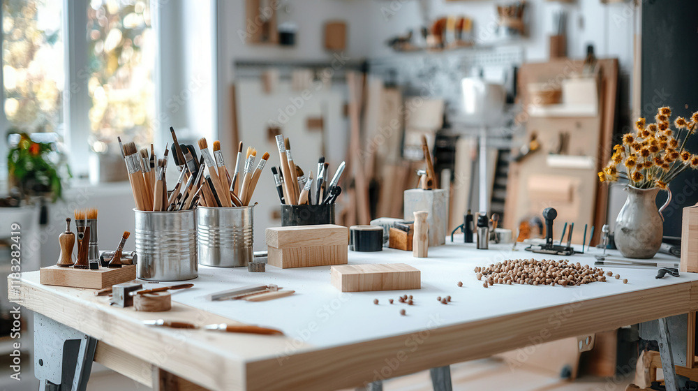 clean workspace with various tools, brushes, and materials for crafting. organized setup inspires creativity and productivity clean workspace with various tools, brushes, and materials for crafting. organized setup inspires creativity and productivity