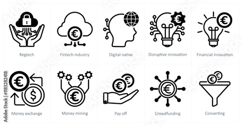 A set of 10 euro icons as regtech, fintech industry, digital native