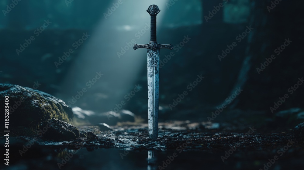 Naklejka premium Medieval knife stuck on the ground