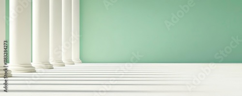Wallpaper Mural Scenery abstract background idea. Elegant columns line a minimalist space with a soothing green wall and bright floor. Torontodigital.ca