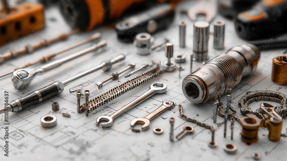 Fototapeta premium collection of various tools and hardware on blueprint background, showcasing wrenches, sockets, and other equipment for DIY projects