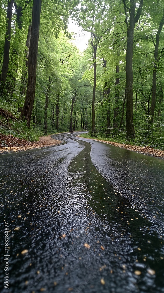 Fototapeta premium Mystical Forest Journey Road Greenery Wet Morning Tranquility Photo
