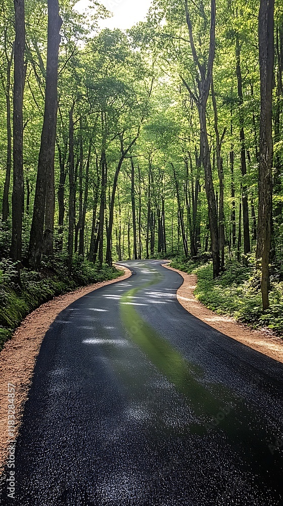 Obraz premium Rainy Forest Drive Pathway Scenic Morning Yellow Line Calm Photo