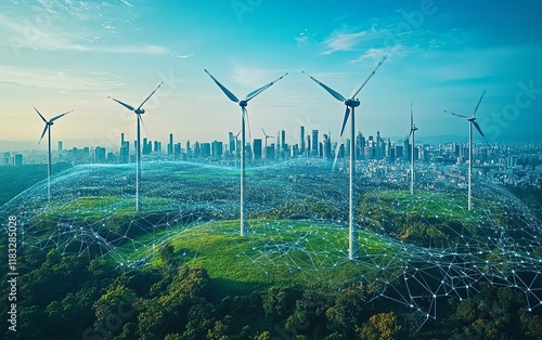 Create a visionary business hub integrating renewable energy cloud services, ecoconscious networking tools, and futuristic data conservation strategies photo