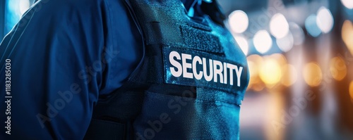 A close-up view of a person wearing a security vest, emphasizing the 