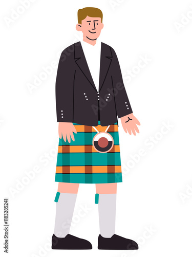 Scotland traditional attire Scottish man wearing Kilt skirt clothes tradition cultural heritage European people smiling face colorful character design