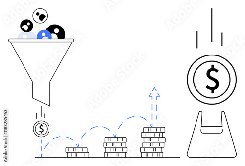 Funnel directing leads into coins, symbolizing conversion. Stacks of coins growing, arrow pointing upwards indicating revenue increase. Ideal for sales strategy, conversion optimization, business