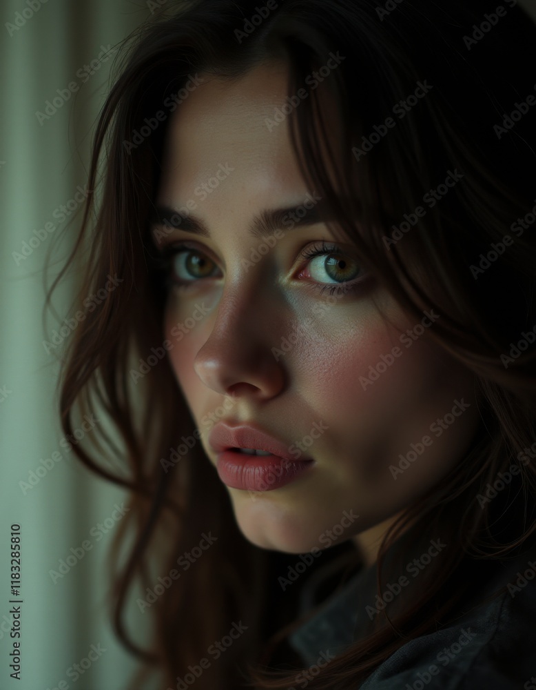 Fototapeta premium A woman with long brown hair and blue eyes looking out a window