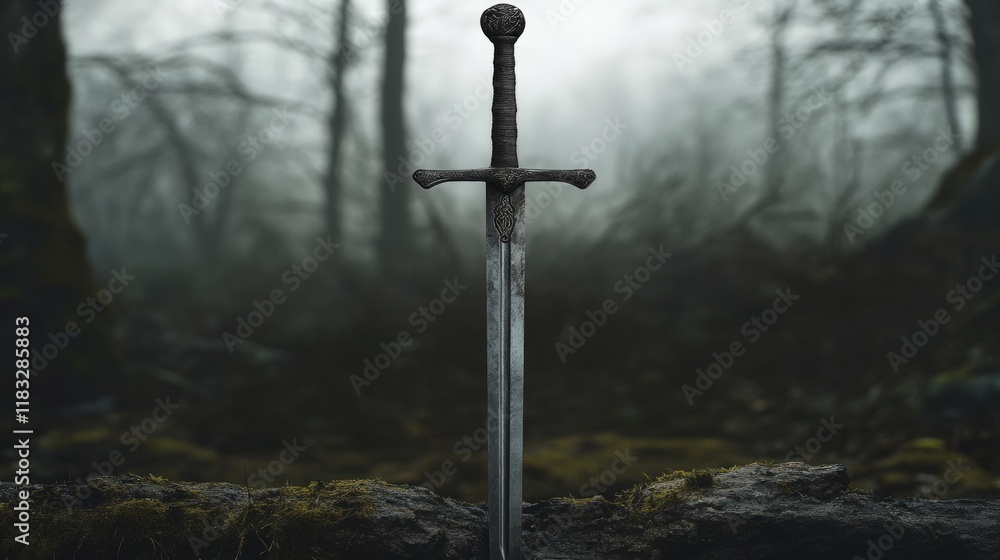Naklejka premium Old fantasy sword stuck on the forest