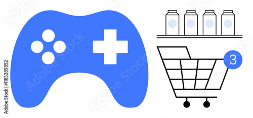 Blue game controller with buttons, a shopping cart with a number 3 badge, and milk cartons on a shelf. Ideal for gaming, online shopping, grocery delivery, e-commerce, digital transactions, modern