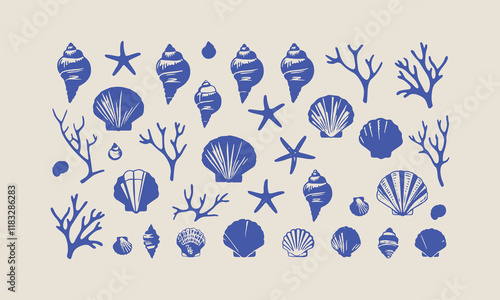 Sea life seamless pattern with shell and starfish of illustration, Sea shells vector seamless pattern, Set of sea and ocean underwater animals., easily editable.
