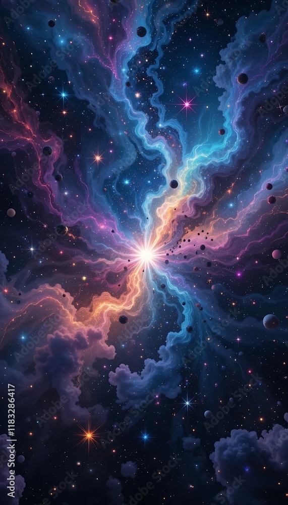 Obraz premium Celestial Convergence A Cosmic Nebula Explodes With Light And Planets