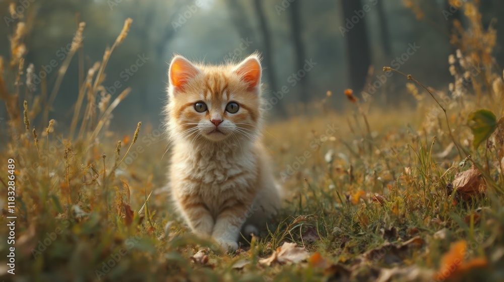 A small orange kitten sitting in a field of grass A small orange kitten sitting in a field of grass