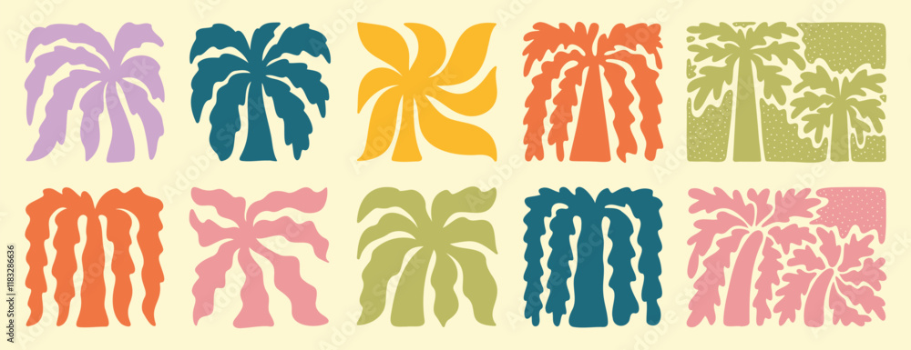 © Yanka - abstract boho palm tree tropical art set. retro groovy wavy summer palms. vector square tropical icons in hand drawn style for logo, print, poster, social media © Yanka - abstract boho palm tree tropical art set. retro groovy wavy summer palms. vector square tropical icons in hand drawn style for logo, print, poster, social media