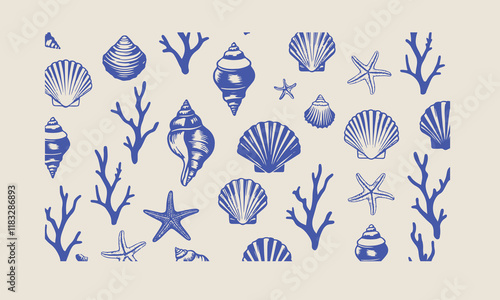 Sea life seamless pattern with shell and starfish of illustration, Sea shells vector seamless pattern, Set of sea and ocean underwater animals., easily editable.
