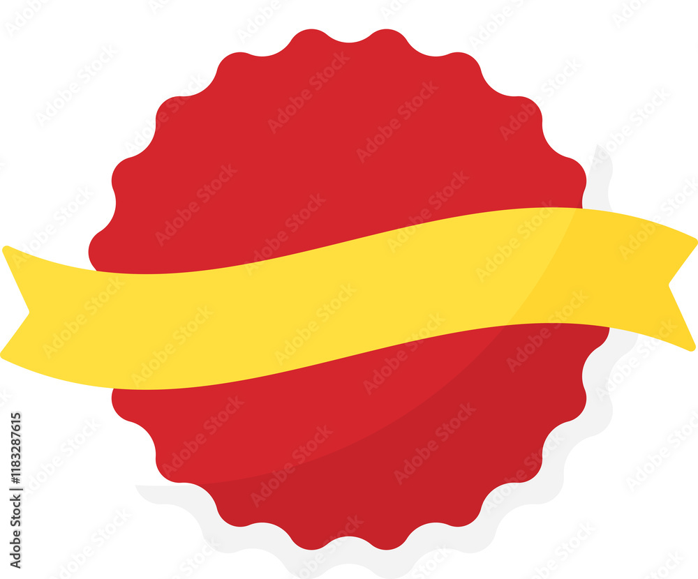 Obraz premium Blank red round starburst labels with wavy edges, white borders and yellow ribbons. Flat design illustration. 