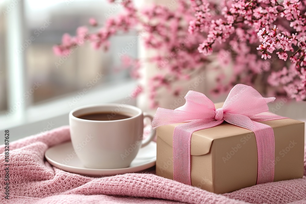 A cup of coffee rests on a plate beside a beautifully wrapped gift box adorned with pink ribbon. Delicate pink blooms add a cheerful touch to this cozy morning ambiance A cup of coffee rests on a plate beside a beautifully wrapped gift box adorned with pink ribbon. Delicate pink blooms add a cheerful touch to this cozy morning ambiance