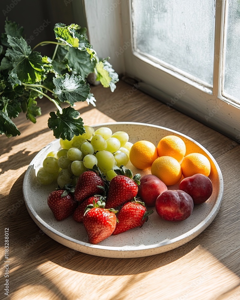 Healthy mind strong body, Fresh Fruits on a Plate in Natural Light