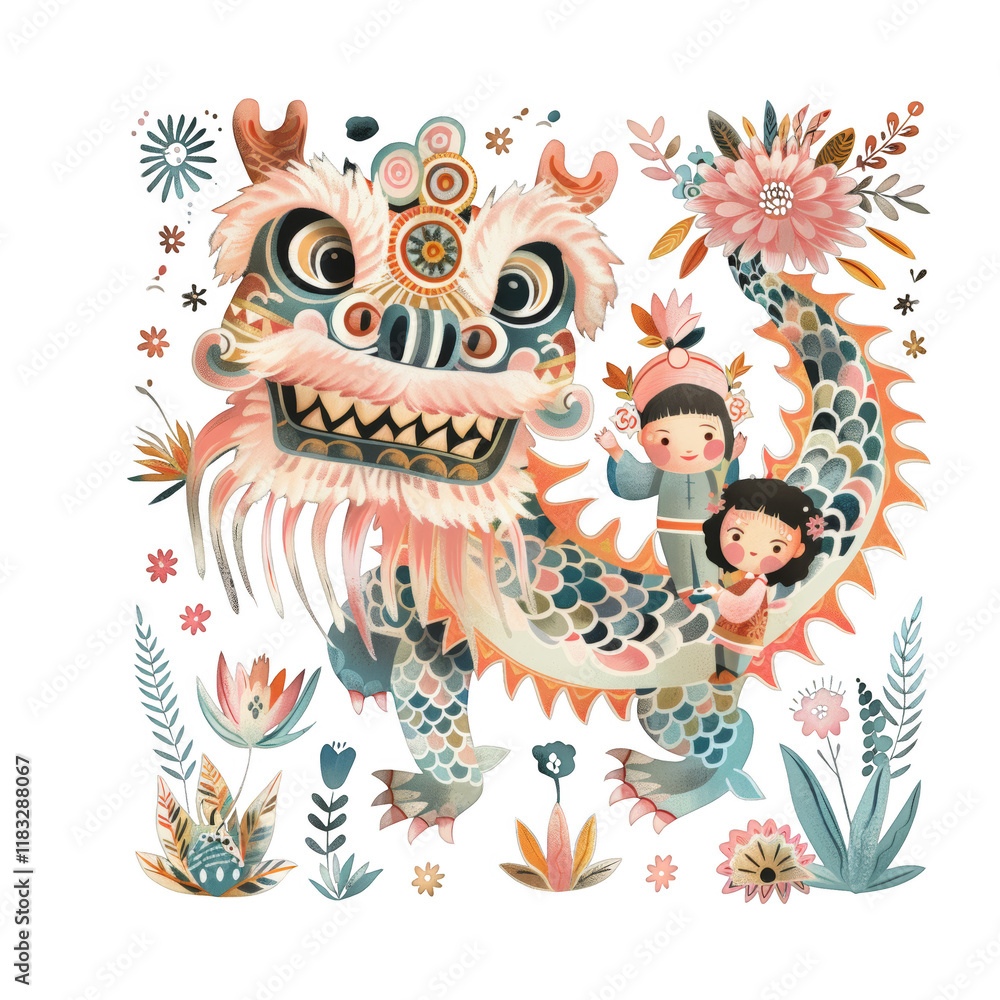 Obraz premium A colorful illustration of a Chinese lion dance with two children in traditional clothing.