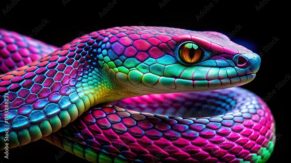 Fototapeta premium Neon Serpent: Vibrant Snake in Psychedelic Colors - Stock Photo