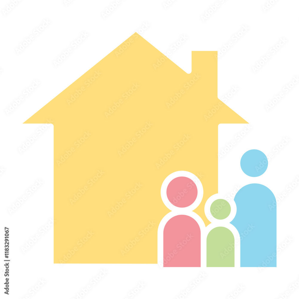 House and family icon in flat color style