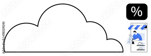 Cloud outline and percentage symbol, e-commerce storefront, shopping bag. Ideal for online retail, cloud storage, e-commerce solutions, digital marketing, discounts, cyber security remote shopping