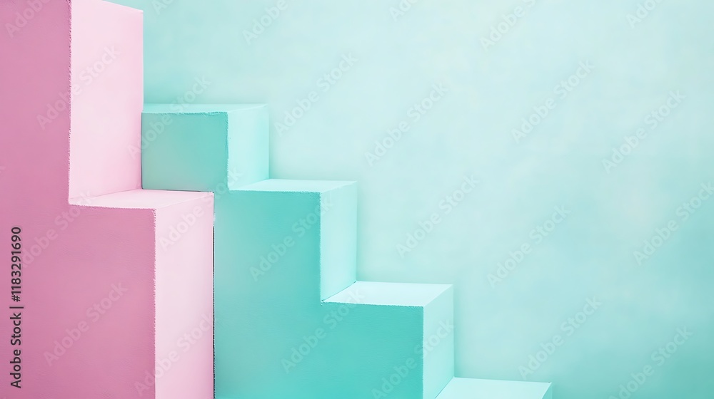 Pastel Pink and Teal Cuboid Steps Against a Wall Pastel Pink and Teal Cuboid Steps Against a Wall