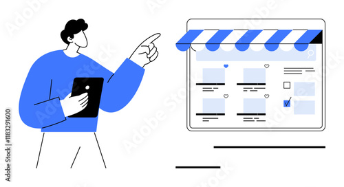 Person holding tablet points at online shopping screen with blue-and-white striped awning. Ideal for e-commerce, digital marketplaces, online shopping, business strategy, consumer behavior, SEO