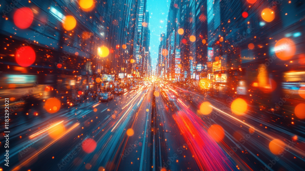 Fototapeta premium Busy street aerial photography capturing an evening rush hour with light trails forming vibrant patterns