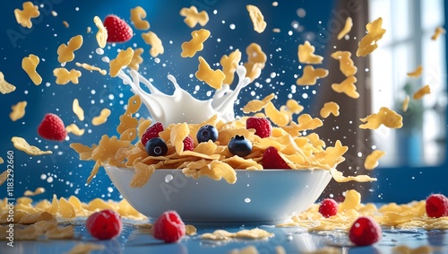 Cereal Splash with Milk and Fresh Berries - Vibrant Breakfast Concept