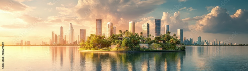 Fototapeta premium Stunning Modern Cityscape with Skyscrapers and Lush Green Island at Sunset Reflecting on Calm Water