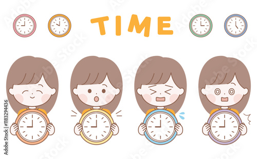 時計を持つ女性のかわいいキャラクターのセット