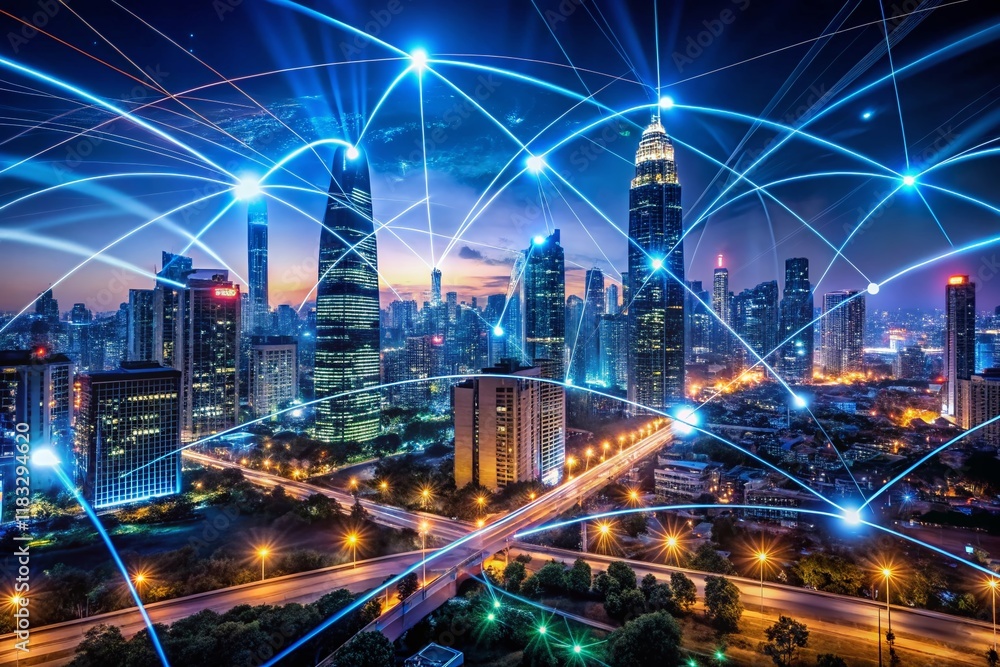 Fototapeta premium Night Cityscape: Resilient Network, Data Flow, Continuous Operation, Cyber Security, Digital Infrastructure