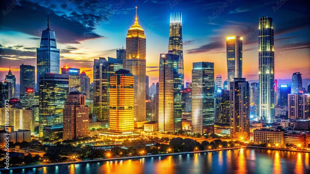Fototapeta premium Night City Skyline Panorama: Illuminated Urban Landscape with Copy Space