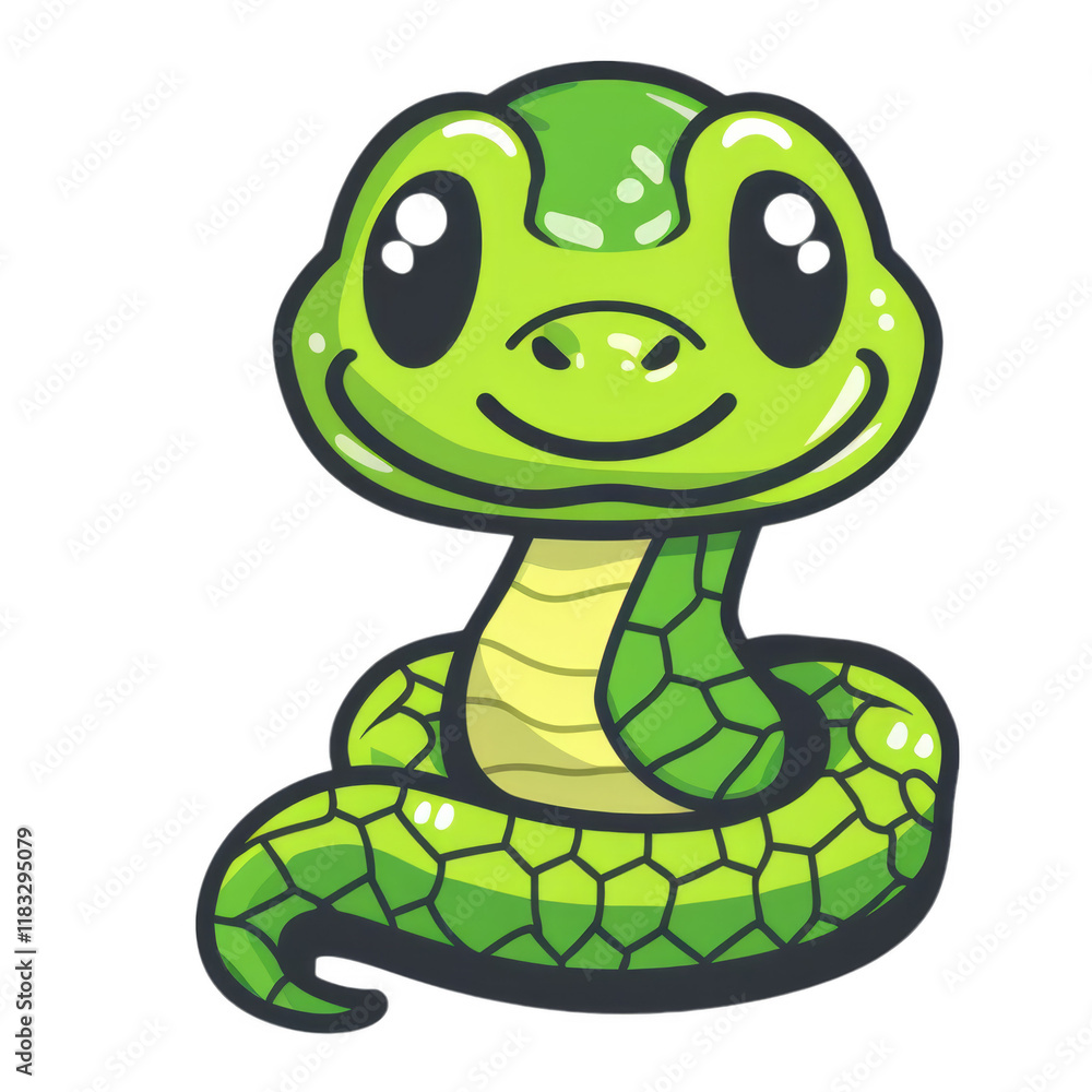 Fototapeta premium A cute cartoon green snake with big eyes and a smile.