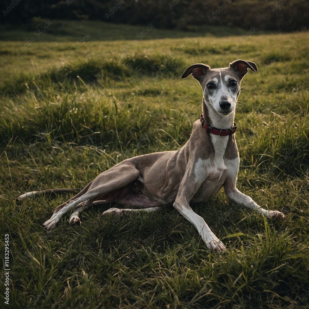 A whippet lying on a grassy knoll. A whippet lying on a grassy knoll.
