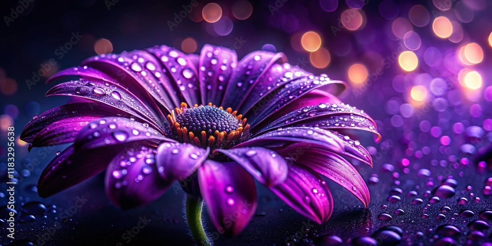 Fototapeta premium Night Dew Drops on Purple Flower - Macro Photography Stock Image