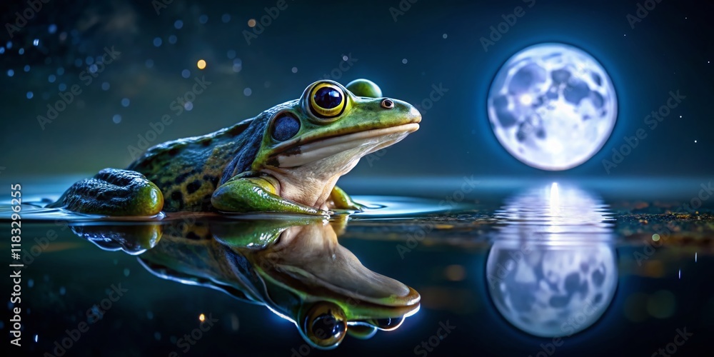 Naklejka premium Night Frog Swim: Amphibian in Dark Water, Illuminated by Moonlight