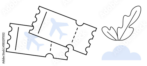 Two airplane tickets, airplane icons, cloud, leaf. Ideal for travel, booking, vacations, tourism adventure flight holidays. Minimalist abstract line flat metaphor