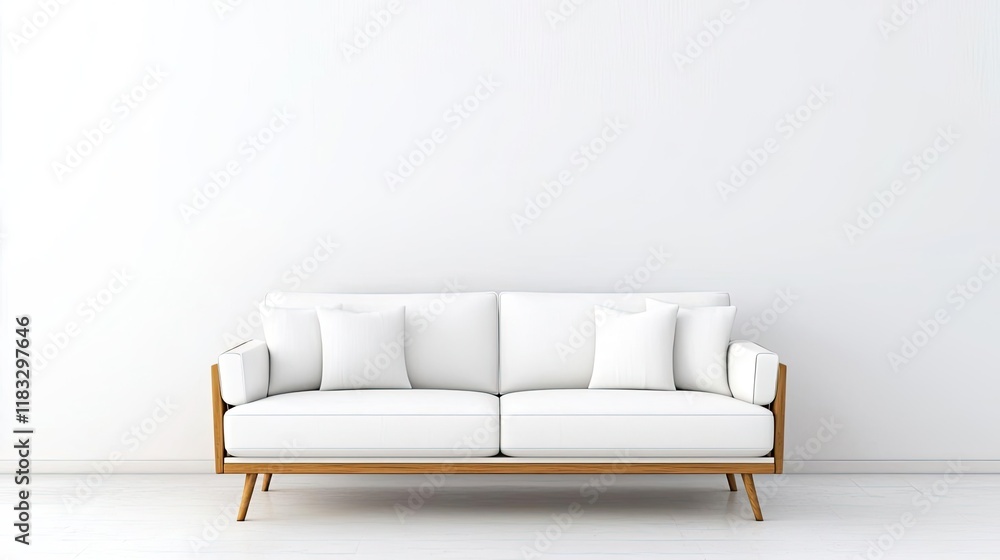 Minimal furniture idea. Minimalist white sofa with wooden legs in a bright, modern living space. Minimal furniture idea. Minimalist white sofa with wooden legs in a bright, modern living space.