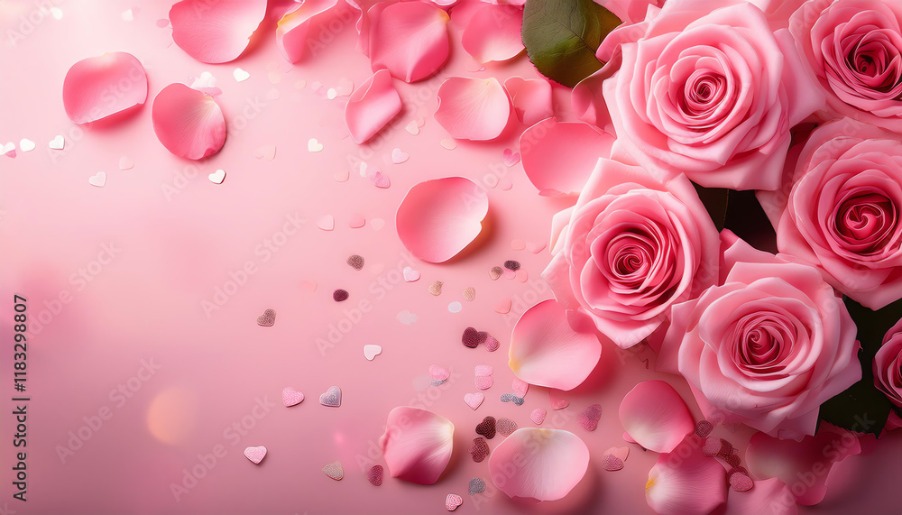 A romantic arrangement of pink roses and delicate petals scattered on a soft pink background, evoking beauty and elegance. A romantic arrangement of pink roses and delicate petals scattered on a soft pink background, evoking beauty and elegance.