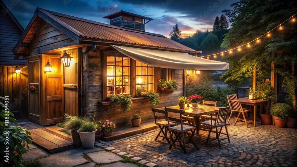 Night Photography: Cozy Wooden Cafe with White Awning & Outdoor Seating Night Photography: Cozy Wooden Cafe with White Awning & Outdoor Seating