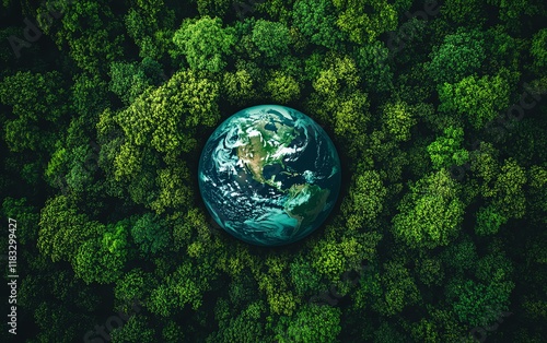 Environmental care concept featuring a top view of a green forest and globe earth, emphasizing carbon reduction targets, ecofriendly energy, and sustainability photo