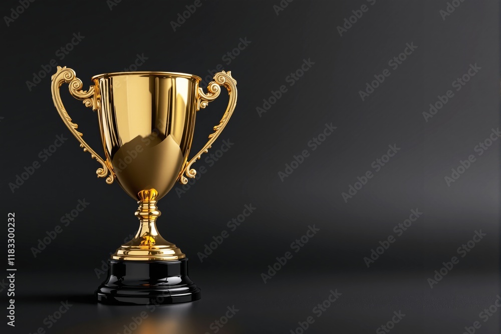 A shining golden trophy with ornate designs, placed on a glossy surface, against a dark gradient background. Concept of success and achievement. Ai generative A shining golden trophy with ornate designs, placed on a glossy surface, against a dark gradient background. Concept of success and achievement. Ai generative