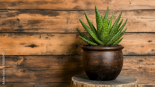 Cutout of an indoor plant in a pot on a wooden stool