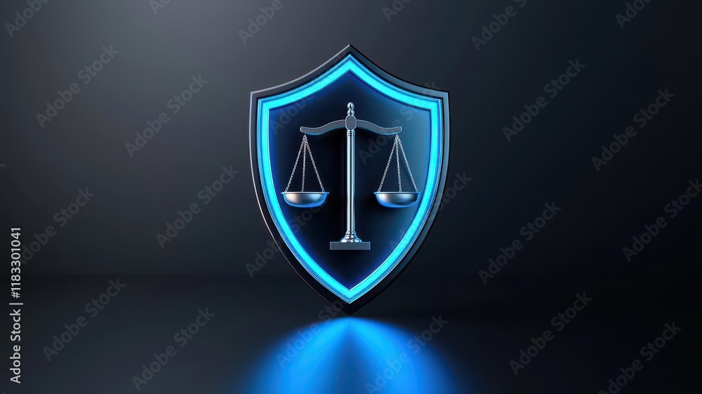 Stylized shield featuring balanced scales, representing justice and law concepts. Stylized shield featuring balanced scales, representing justice and law concepts.