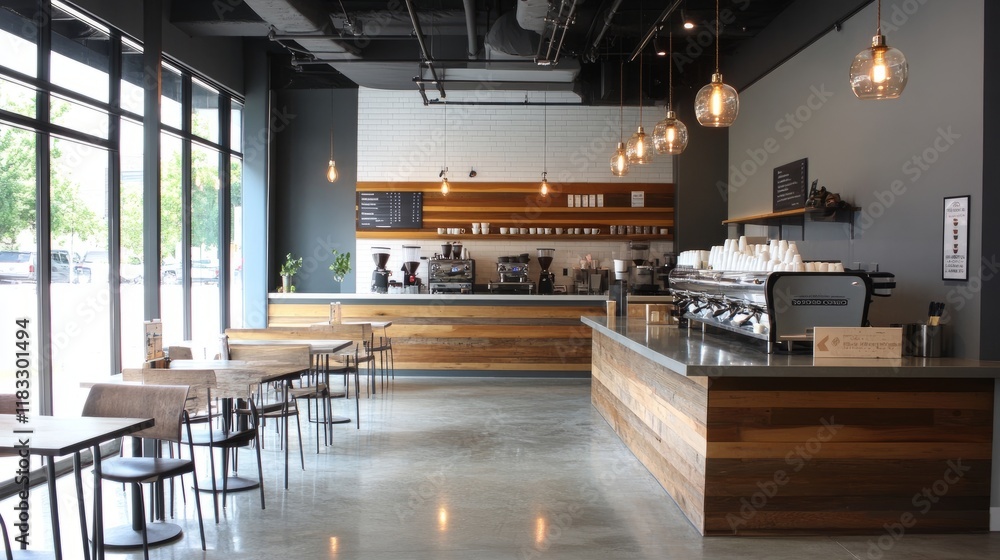 A sleek and modern coffee shop interior with wooden and gray accents, pendant lighting, and an open, airy layout A sleek and modern coffee shop interior with wooden and gray accents, pendant lighting, and an open, airy layout