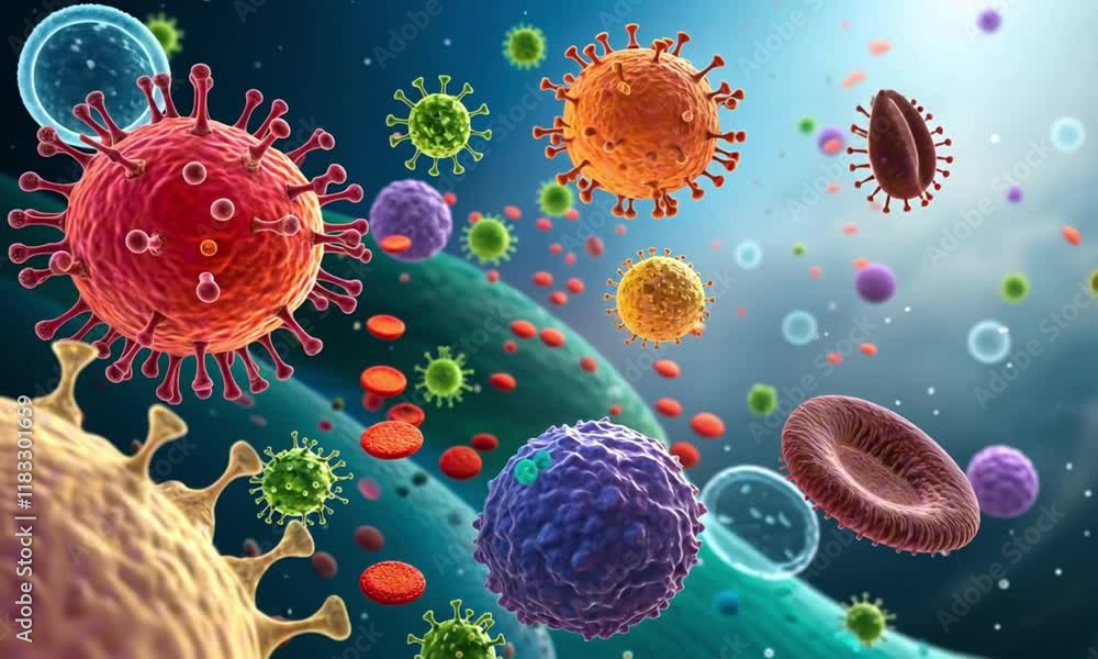 Colorful viruses and bacteria in microscopic view for medical illustration or science concept
