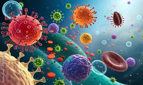 Colorful viruses and bacteria in microscopic view for medical illustration or science concept
