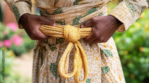 A traditional waist cloth being tied around a man before a village festival. photo